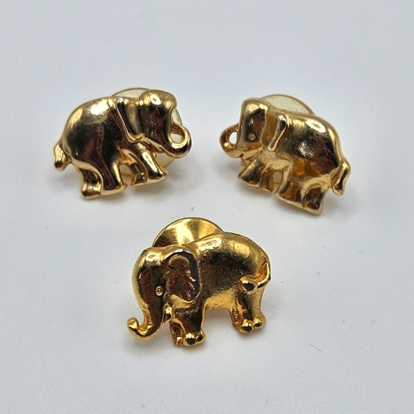 VINTAGE Gold Tone Elephant Post Back Earrings and Small Scatter Pin Brooch - Picture 1 of 5